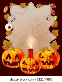 Halloween card with place for text. pumpkin, candies, ghosts,vector illustration