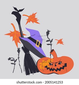 Halloween card or poster background with witch hat, broom and pumpkin lantern monster, flat vector illustration isolated on grey. Halloween items composition.