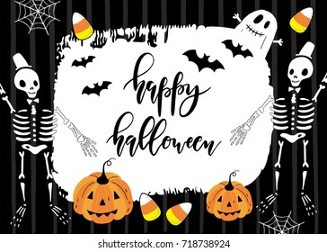 Halloween card, poster, banner with lettering. Template for Party invitation, Greeting Scrapbooking, Congratulations, Stickers. Vector illustration.