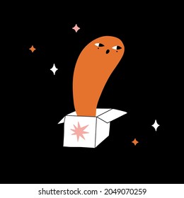 Halloween card, poster with cute ghost, box and stars. Spooky cartoon spirit gift. Funny scary kawaii character. Vector flat illustration for t-shirt print, stickers, kids party decoration. 