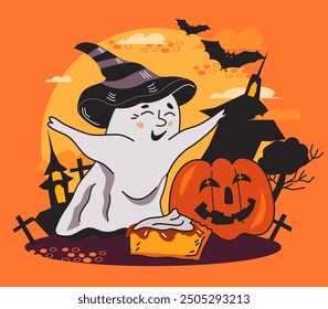 Halloween card or poster design with ghost character and pumpkin pie on gloomy ruins background, vector illustration. Banner or poster template for Halloween cards and party posters.