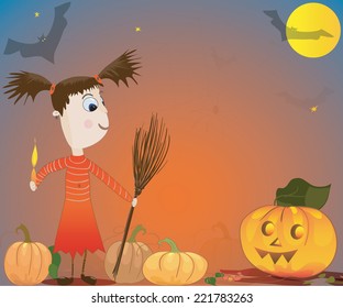 Halloween card or poster with place for text. Illustration of pumpkin, bats, spider, girl with candle and broom