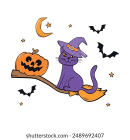 Halloween card, poster, print, sticker, invitation template with decorative elements of cat sitting on a broom. EPS 10