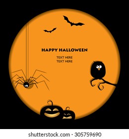 Halloween card, poster in yellow and black. show spider, owl, bats and pumpkins. 