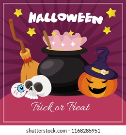 halloween card with pot of magic flat style