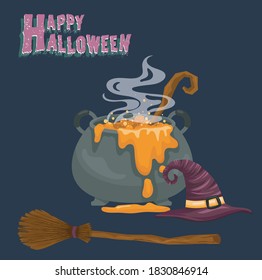 tarjeta de halloween con cauldron de poción, ilustración de sombrero y broomstick