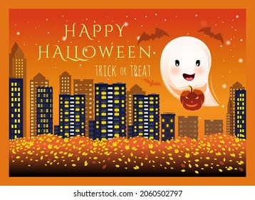 Halloween-Karte. Ein ziemlich süßes Gespenst fliegt nachts über die Stadt und wünscht allen ein glückliches Halloween. Probieren oder behandeln. Vektorgrafik