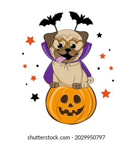 Halloween card with pug dog with pumpkin. Vector illustration of cartoon animals