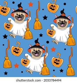 Halloween card with pug dog with pumpkin, ghost costume with witch hat seamless pattern. Vector illustration of cartoon animals