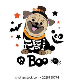 Halloween card with pug dog in skeleton costume. Vector illustration of cartoon animals. Trick or treat concept