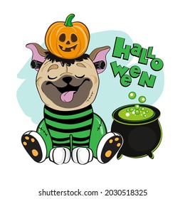 Halloween card with pug dog in a zombie suit. Vector illustration of cartoon animals. Halloween party concept