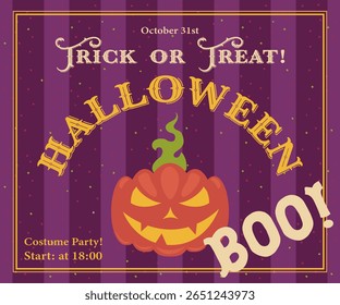 Halloween card with the pumkin Jack O Lantern face. Costume party announce on a dark creepy background. Vector illustration.