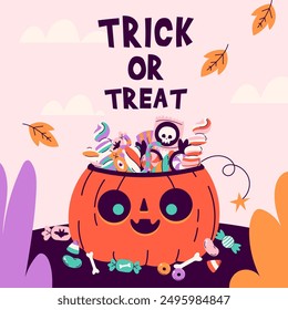 Halloween card with pumpkin basket. Trick or Treat postcard design. Halloween sweets. Happy Halloween, Halloween for kids. Vector illustration in flat style