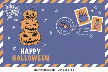 Halloween card with pumpkin, bat, hat, hand drawn illustrations	