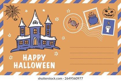 Halloween card with pumpkin, bat, hat, hand drawn illustrations	