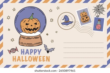 Tarjeta de Halloween con calabaza, murciélago, sombrero, ilustraciones dibujadas a mano	