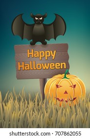 Halloween card with pumpkin and bat.Vector illustration.