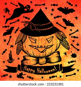 Halloween card with pumpkin. Bright watercolor background. Vector illustration. Illustration for greeting cards, invitations, and other printing projects.