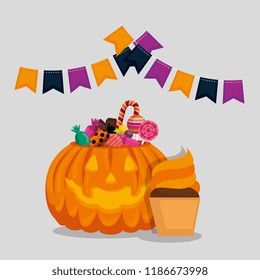 halloween card with pumpkin and candies