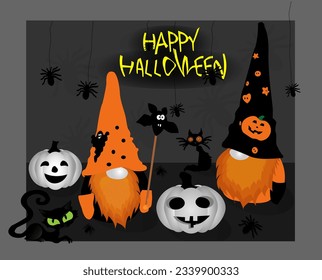 Halloween card with pumpkin, cat, spider, gnome with square frame and flat holiday icons on modern geometric background. Vector illustration. Halloween elements.