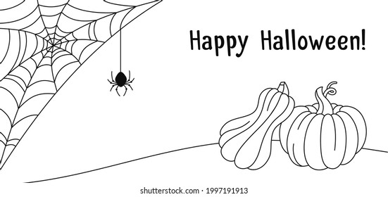Halloween card, pumpkin cobweb and spider doodle line drawing. Banner contour pumpkins scary spider and web. Decoration for creepy horror design confusion Happy Halloween vector