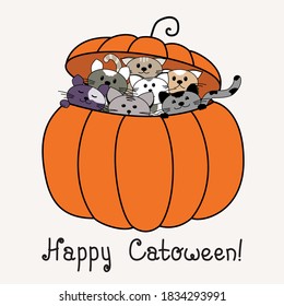 Halloween card with pumpkin and funny cats. Vector hand drawn illustration in doodle style.
