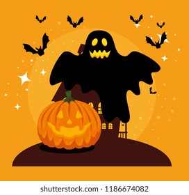 halloween card with pumpkin and ghost