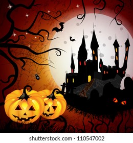 Halloween card with pumpkin and ghost castle
