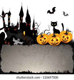 Halloween card with pumpkin and ghost castle