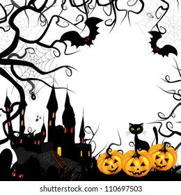 Halloween card with pumpkin and ghost castle