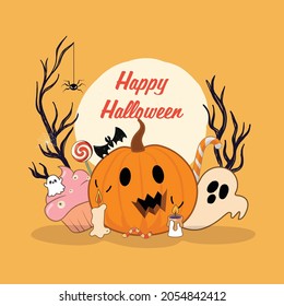 Halloween card with pumpkin, ghost. With the inscription "Happy Halloween". Vector flat stock illustration.