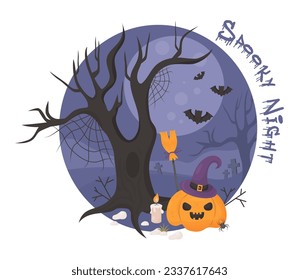 Halloween card. Pumpkin jack o lantern in witch hat with bats. Spooky full moon night in scary forest. Vector illustration in cartoon flat style for holiday design, postcards, decor and print