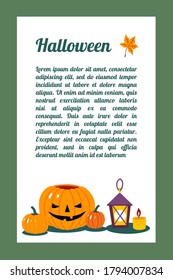 Halloween card with pumpkin and lantern, decorative design, vector illustration