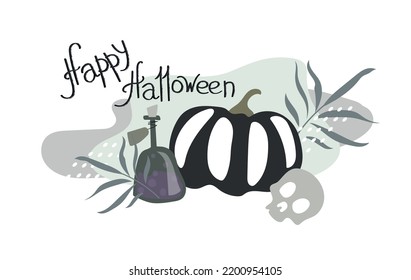 Halloween card with pumpkin, skull and potion bottle