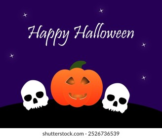 Halloween card with pumpkin and skulls against the background of the night starry sky