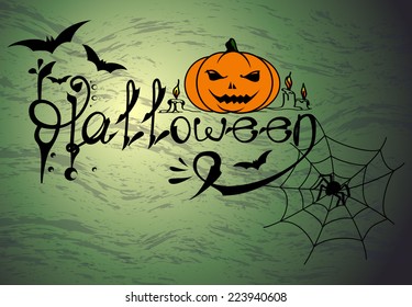 Halloween card with pumpkin, spider web, and little bats on pale green grunge background