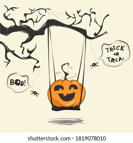 Halloween card with a pumpkin swinging under a tree. Two spiders try to scary and demand trick or treat. Vector illustration with a pale background.