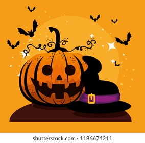 halloween card with pumpkin and witch hat