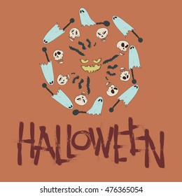 HALLOWEEN CARD. 
Pumpkins, ghosts, skulls, bats.