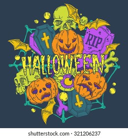 Halloween card with pumpkins and horror elements 