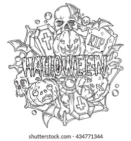 Halloween card with pumpkins and horror elements in cartoon style. Black and white