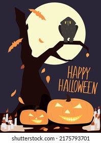 Halloween card with pumpkins and an owl and an old tree on the background of the moon.