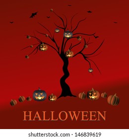 Halloween card with Halloween pumpkins and silhouette tree.Vector eps10, illustration.