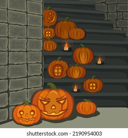 Halloween card with pumpkins. Stone wall and staircase with decorative pumpkins and candles. Flat vector illustration, poster.