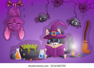 Tarjeta de Halloween con gato negro de dibujos animados de lectura en sombrero de bruja, murciélago durmiente y arañas. Ilustración vectorial.