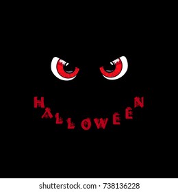 Halloween card. Red predatory monster eyes and word halloween in shape of smile on black background. Vector illustration. Text, banner, vector.