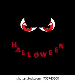 Halloween card. Red predatory monster eyes and word halloween in shape of smile on black background. Vector illustration. 