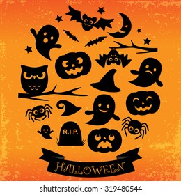 Halloween card with ribbon. Black icons in circle on grunge orange background.