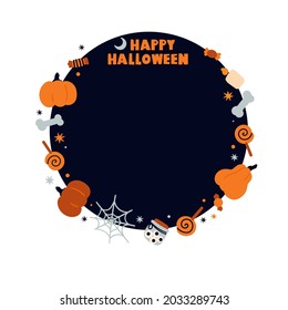 Halloween card in a round frame. Vector poster with space for text