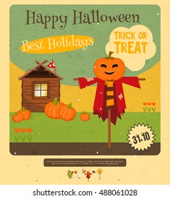 Halloween Card - Scarecrow, Hut and Pumpkin. Retro style. Vector illustration.
